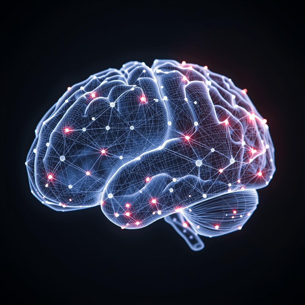 Futuristic glowing AI brain composed of luminous neural network nodes and synaptic connections on dark background, no people, no women, cinematic 3D render