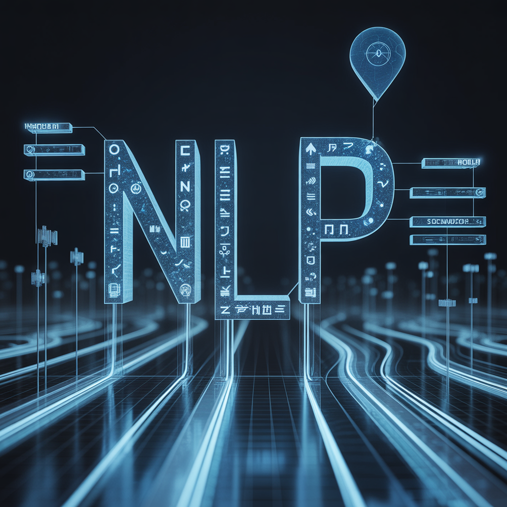 Glowing holographic text and language symbols transforming into digital data streams, futuristic NLP visualization, no people, no women